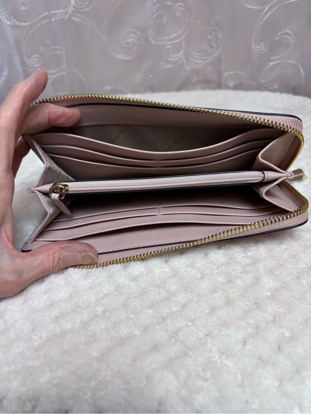 Michael Kors Pale Pink Pebbled Leather Zip-Around Wallet with Gold Logo